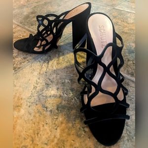 Schultz sexy lattice black block heels velvety soft, size 7
